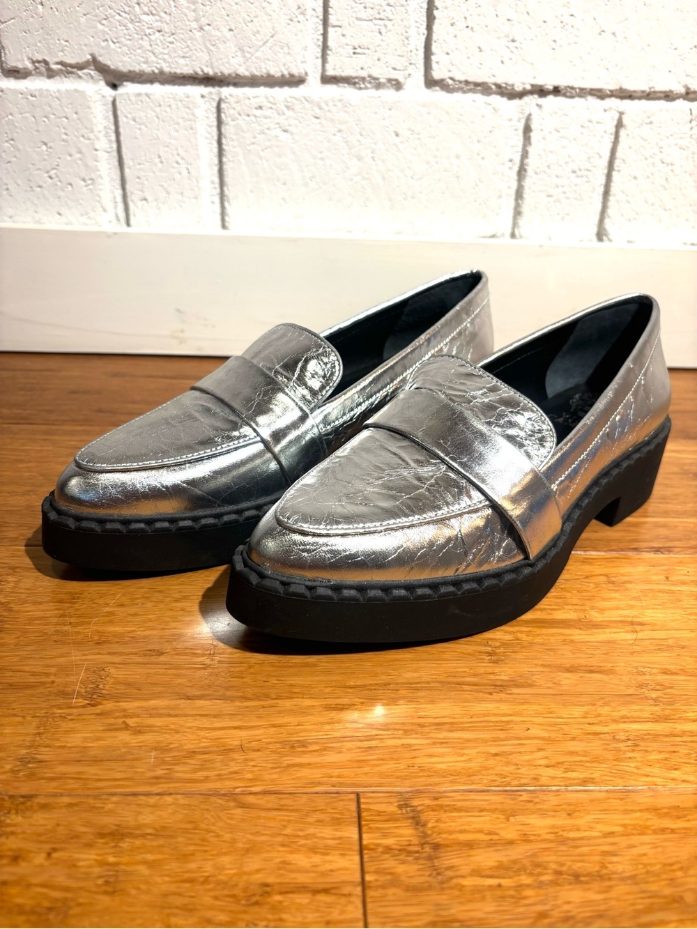 Vince Camuto Silver Crinkle Leather Chunky Sole Loafers